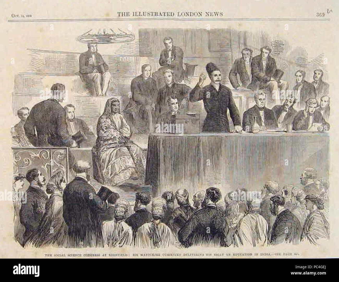 600 Die Sozialwissenschaftliche Ausschuss an der Sheffield Sir Manockjee Cursetjee seinen Essay über Bildung in Indien von der Illustrated London News 1865 Stockfoto
