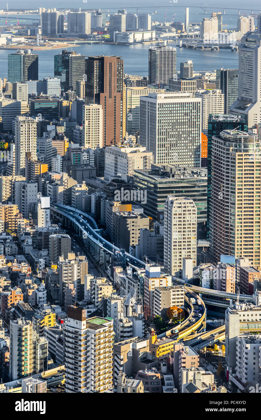 Asien Business Konzept für Immobilien und Corporate Bau - Panoramablick auf die moderne Skyline der Stadt aus der Vogelperspektive Luftaufnahme von Odaiba & Tokyo Metropolitan E Stockfoto