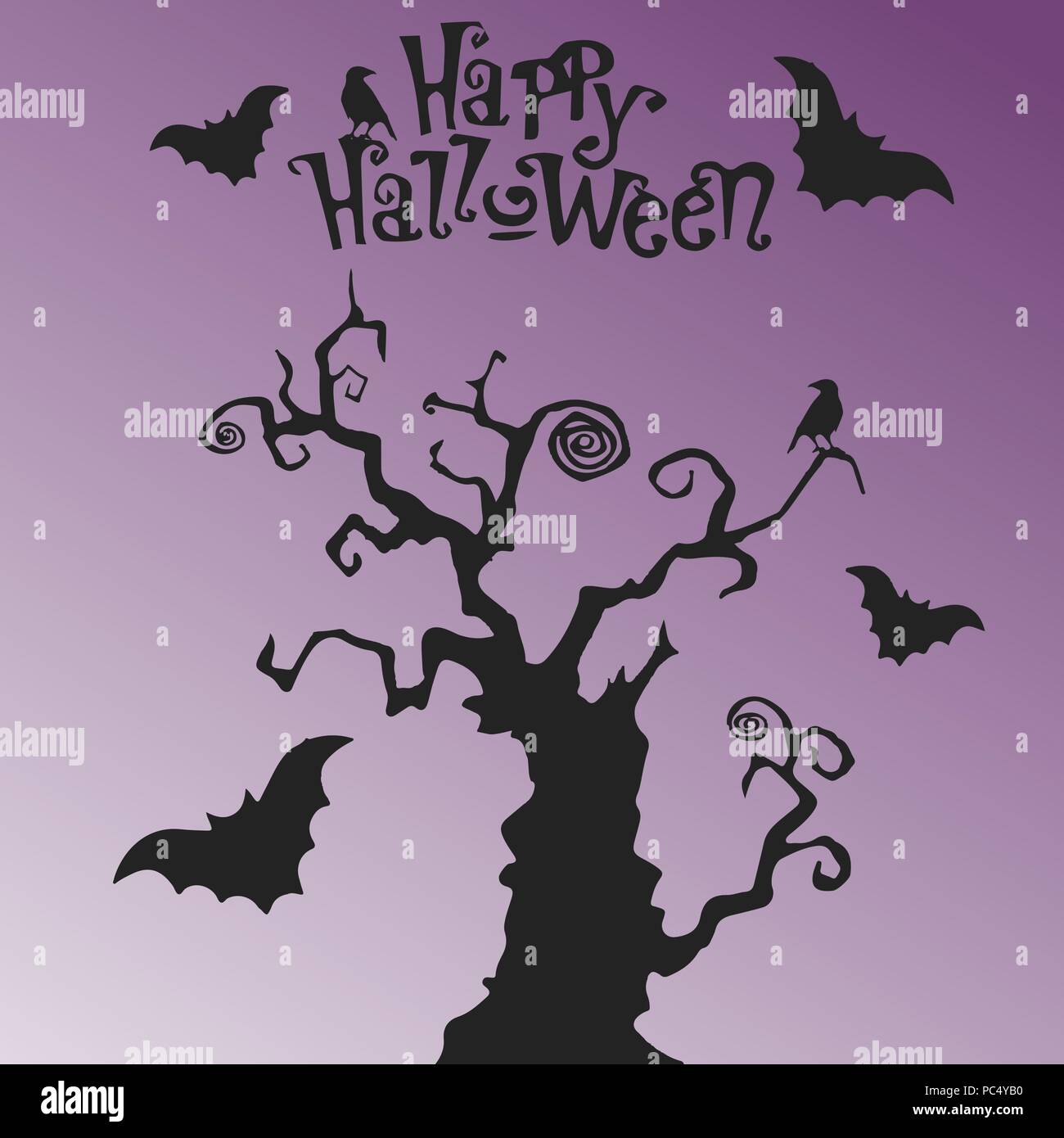 Mystic tree Happy Halloween. Vector Illustration mit Text. Lila Hintergrund mit Farbverlauf. Stock Vektor