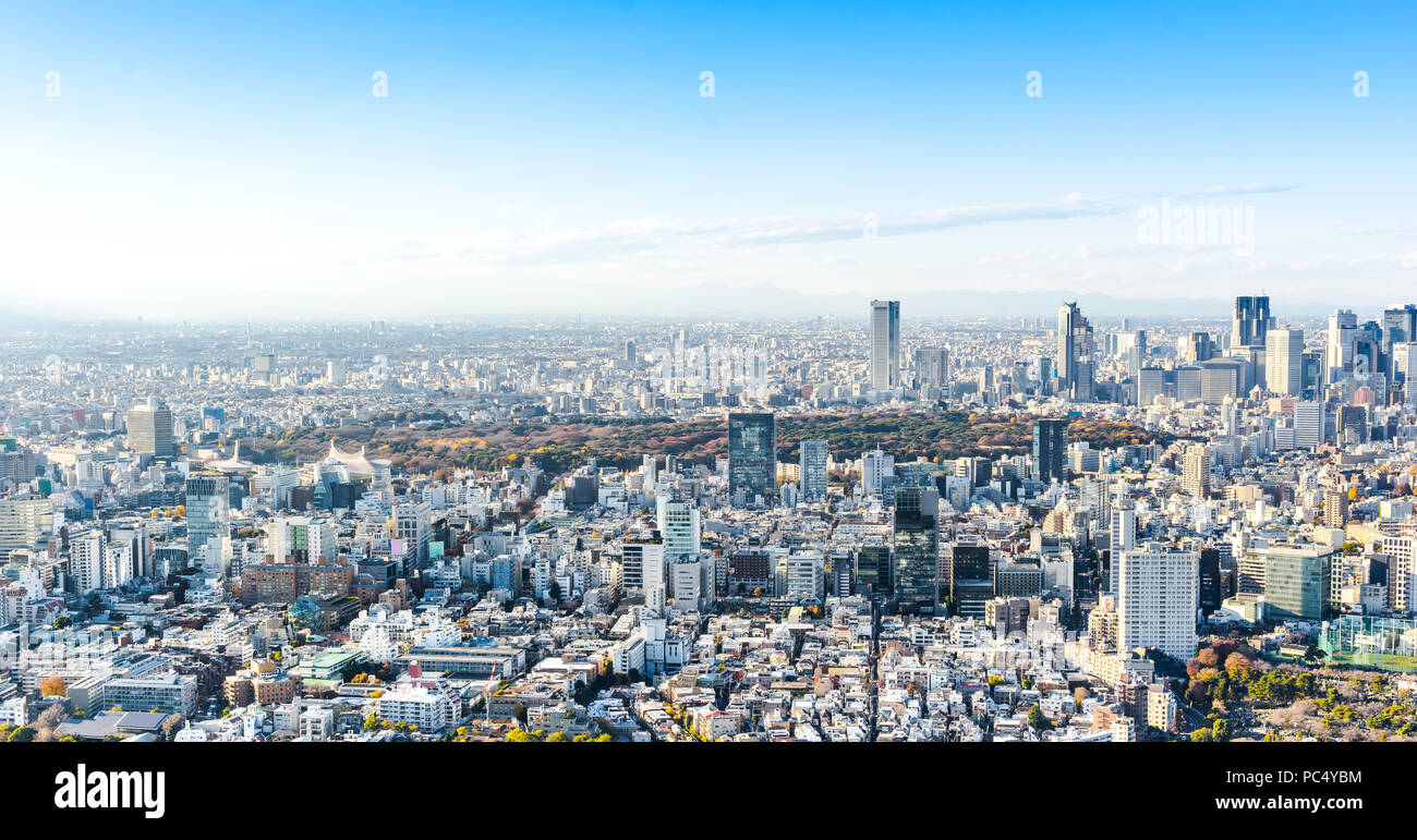Asien Business Konzept für Immobilien und Corporate Bau - Panoramablick auf die moderne Skyline der Stadt aus der Vogelperspektive Luftaufnahme von Shinjuku unter blauem Himmel in Ro Stockfoto