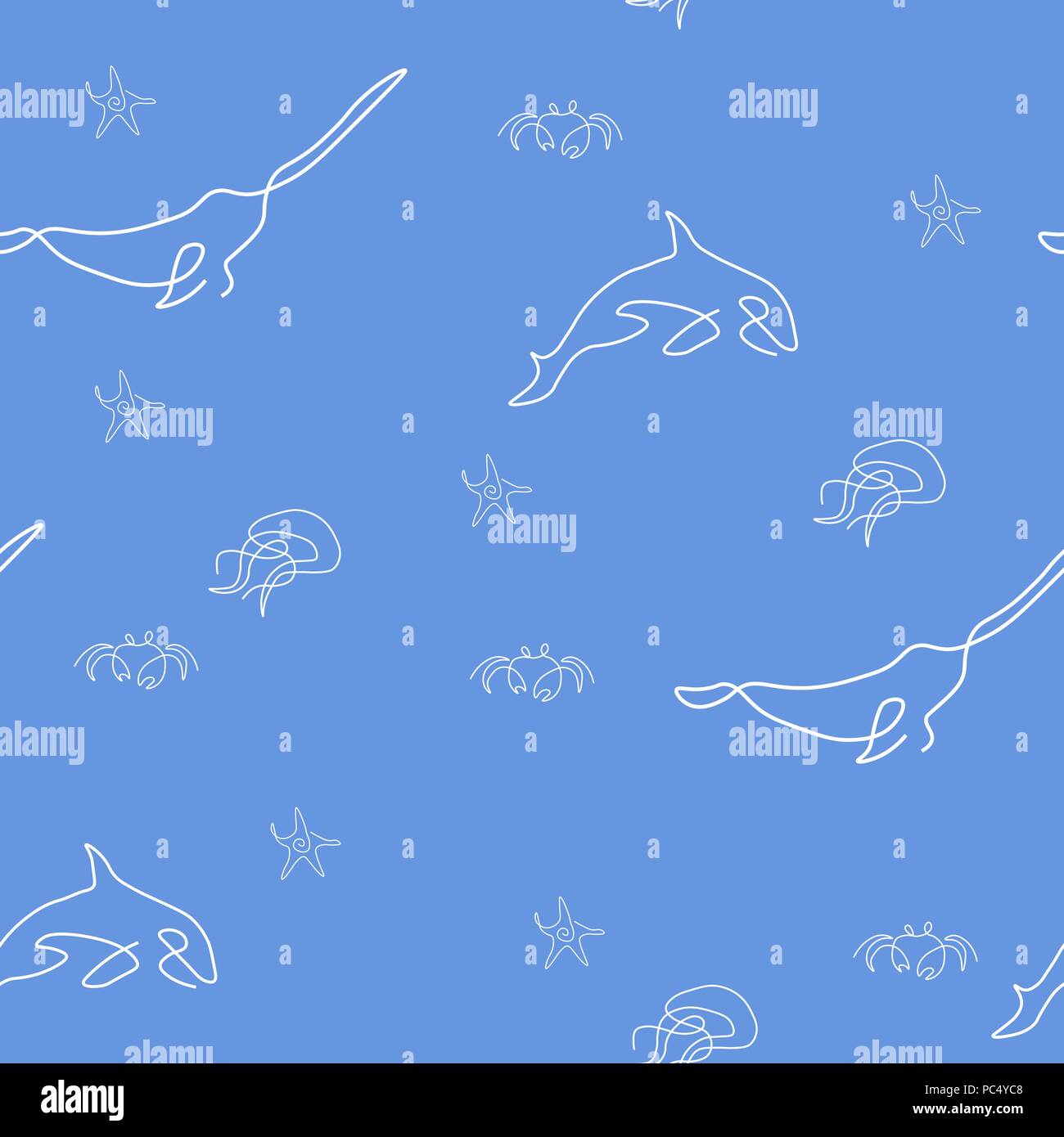 Marine Life Muster Nahtlose. Seesterne, Krabben, Killer Whale, Quallen, Narwalen. Vector Illustration. Blauen Hintergrund. Stock Vektor