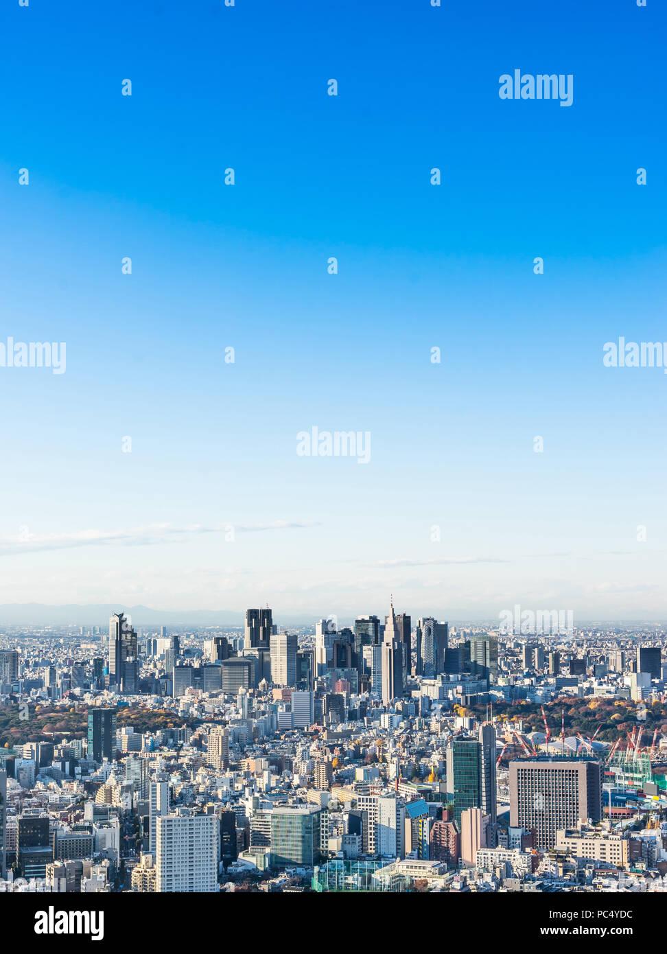 Asien Business Konzept für Immobilien und Corporate Bau - Panoramablick auf die moderne Skyline der Stadt aus der Vogelperspektive Luftaufnahme von Shinjuku unter blauem Himmel in Ro Stockfoto