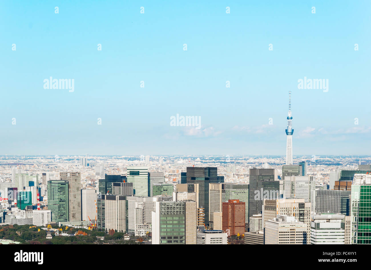 Asien Business Konzept für Immobilien und Corporate Bau - Panoramablick auf die moderne Skyline der Stadt aus der Vogelperspektive Luftbild unter blauem Himmel in Roppongi Hill, Stockfoto
