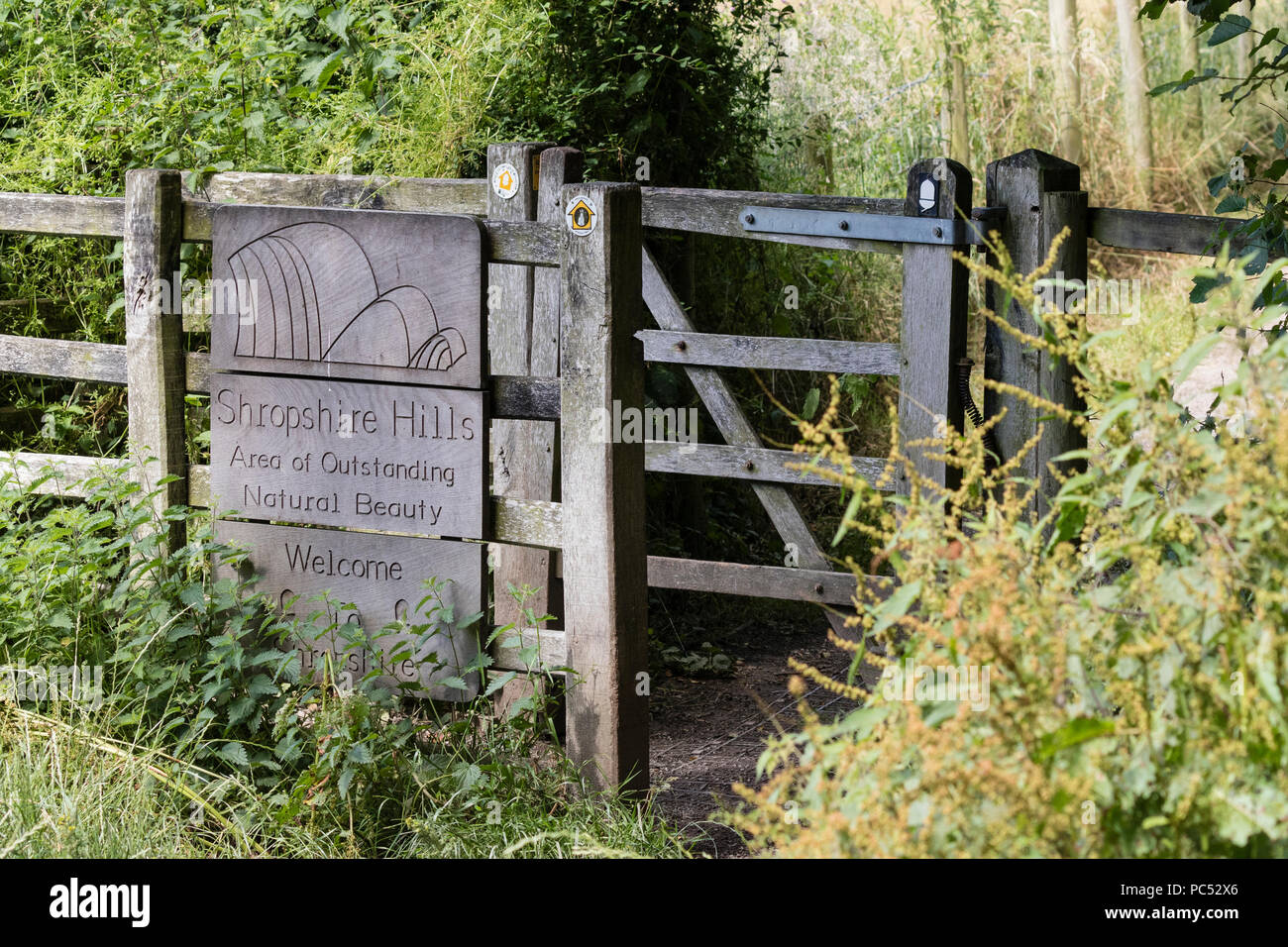 Offa's Dyke lange Wanderweg führt durch einen markierten kissing Gate und in die shropshire Hills Gebiet von außergewöhnlicher natürlicher Schönheit Stockfoto