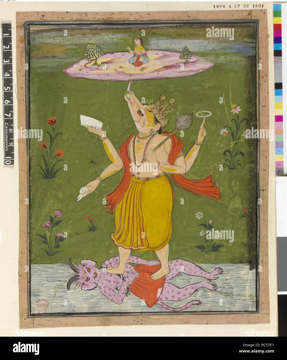 636 Viṣṇu als Varaha unterstützen oder Lakṣmī Bhudevi auf der Erde durch Seine Tusk. Stockfoto