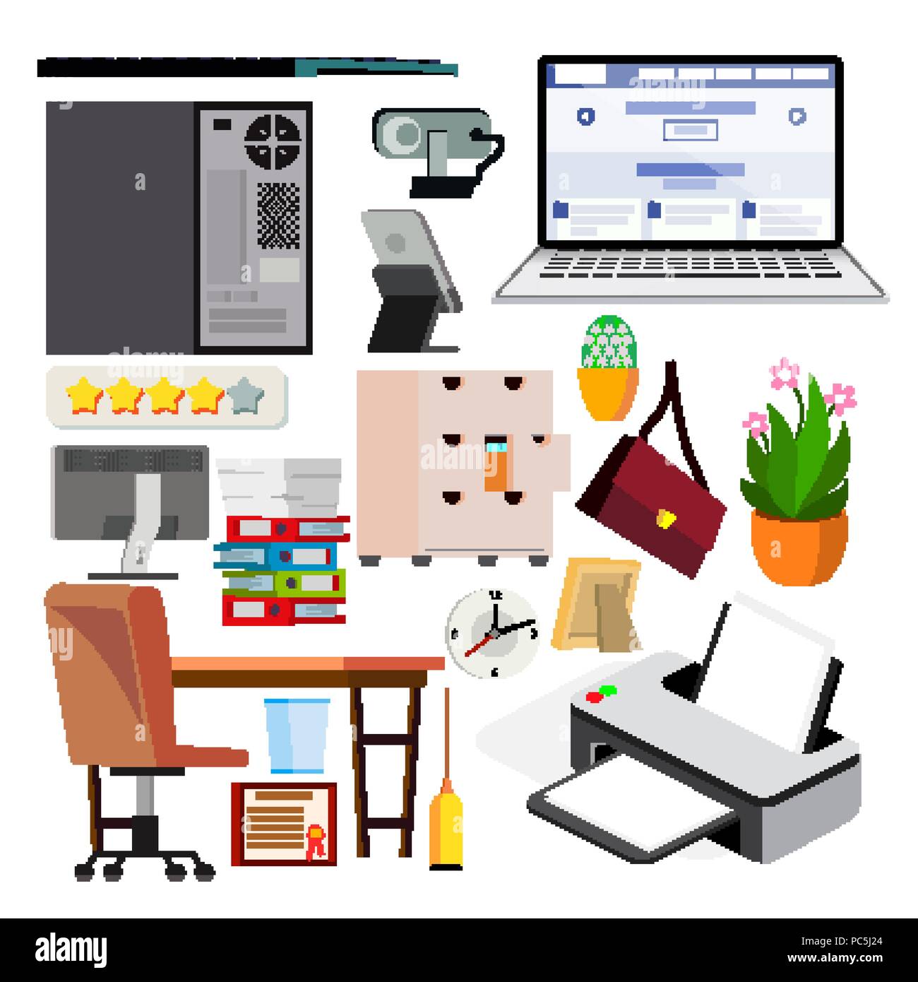 Office Equipment Set Vektor. Computer, Laptop, Monitor. Symbole. Business Arbeitsbereich. Hardware und Gadgets. Elemente. Isolierte flache Darstellung Stock Vektor