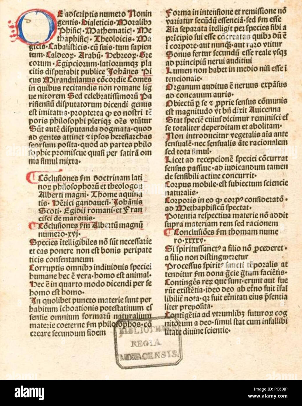 22 De adscriptis Numero noningentis, dialeticis, moralibus, phisicis, mathematicis... placitis disputabit publice Johannes Picus Mirandulanus Concordie kommt Stockfoto