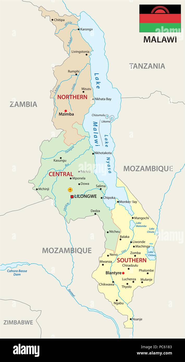 Republik Malawi administrativ und politische Karte mit Fahne Stock Vektor