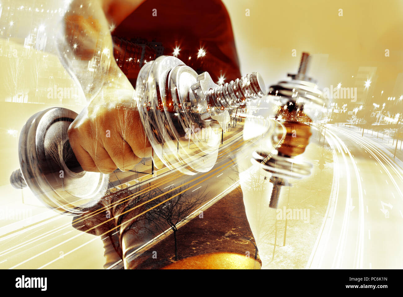 Fitnessgeräte und Sport Konzept. Gewichte und beruflichen Hintergrund. Hanteln. Double Exposure. Gesundes Leben und einen Fitnessraum. Stockfoto