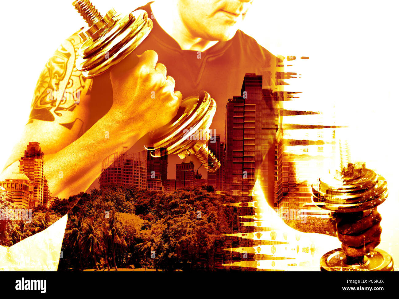 Fitnessgeräte und Sport Konzept. Gewichte und beruflichen Hintergrund. Hanteln. Double Exposure. Gesundes Leben und einen Fitnessraum. Stockfoto