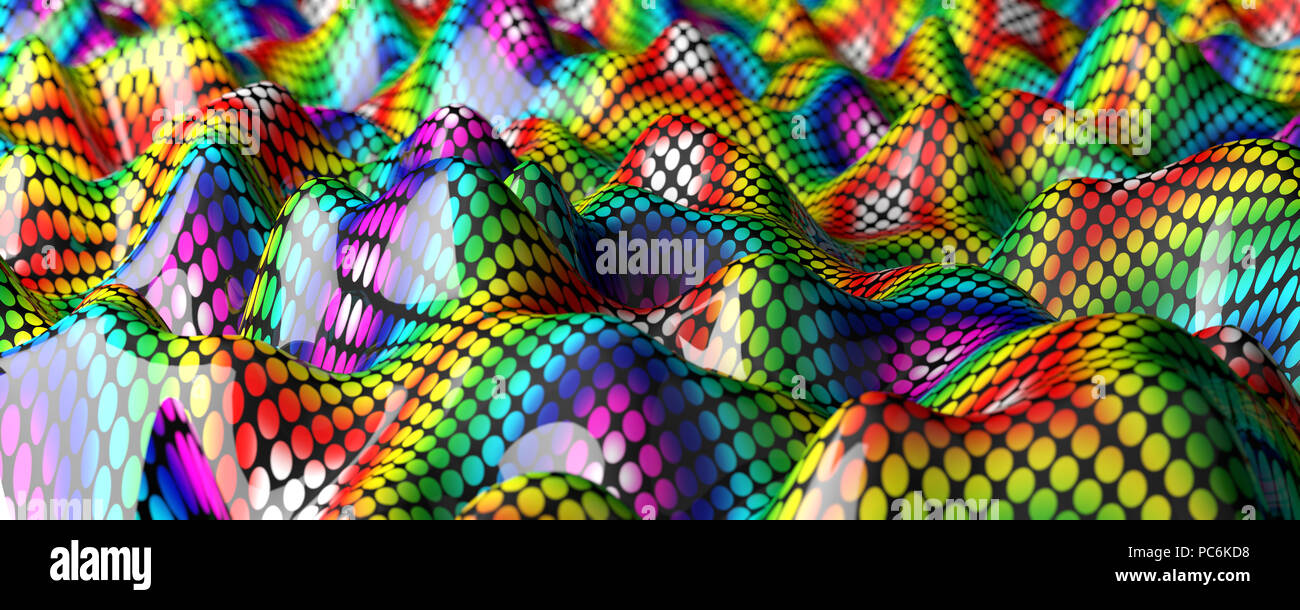 Wellen und Locken mit lebendigen Farben. Abstrakte farbenfrohe Hintergrund. 3D-Darstellung Stockfoto