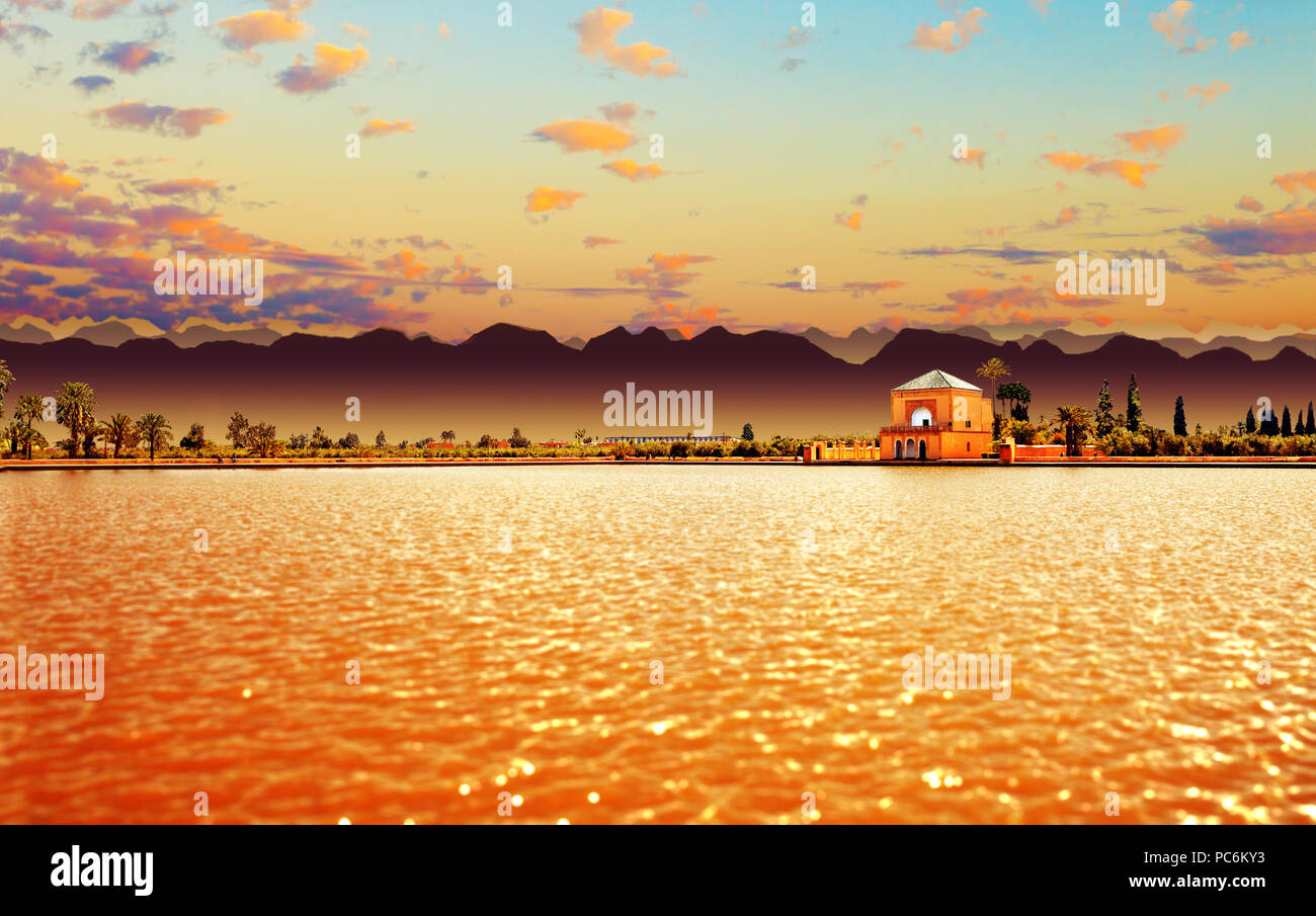 Marrakesch Sehenswürdigkeit und Architektur. Landschaft. szenische Menara Garten. Reisen nach Marokko Marrakesch Stockfoto