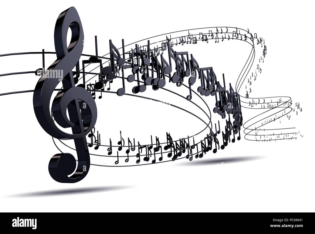 3D-Darstellung von Noten und musikalische Zeichen der abstrakten Musik. Musik Hintergrund Design. Musical schreiben über Weiß isoliert Stockfoto