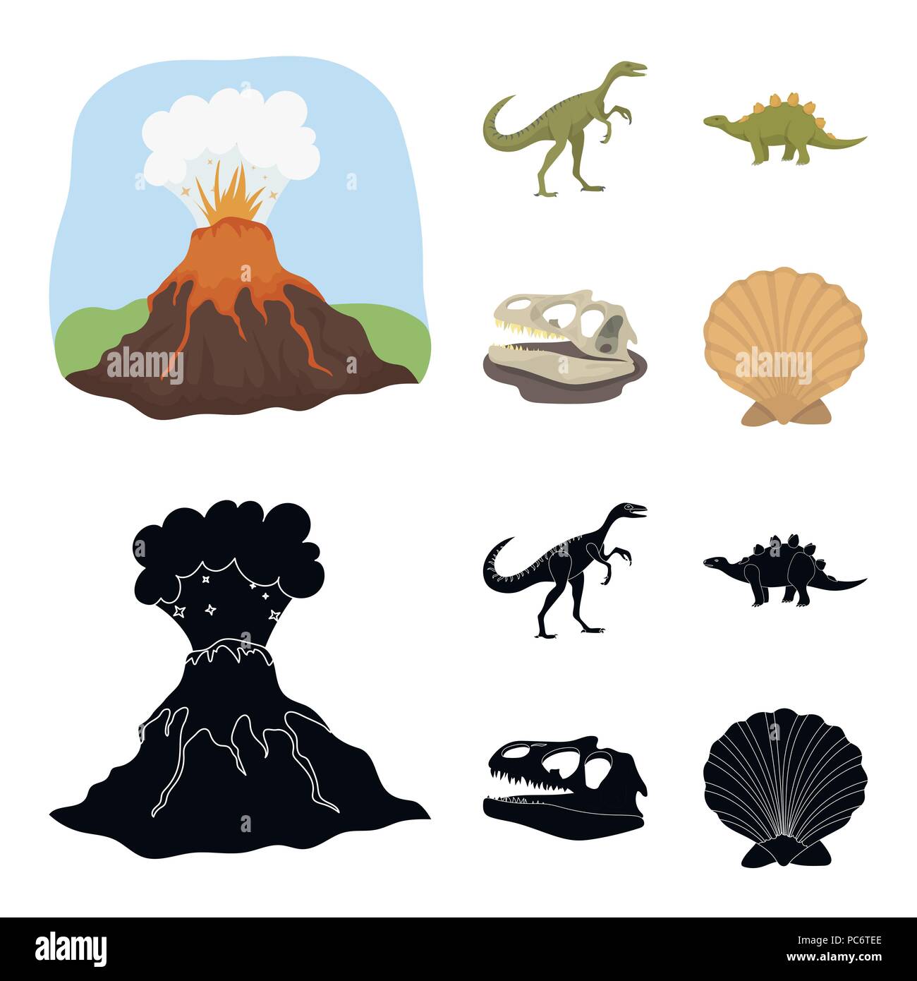 Vulkanausbruch, gallimimus, Stegosaurus, Dinosaurier Schädel. Dinosaurier und prähistorischen Periode set Sammlung Icons im Cartoon, schwarze Art Vektor Symbol s Stock Vektor