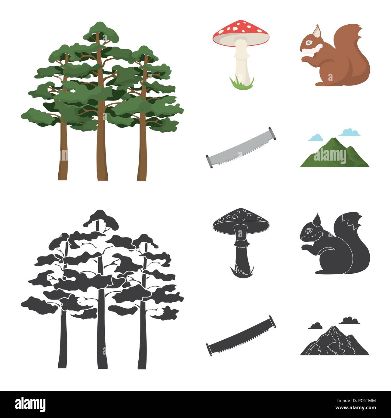 Kiefer, giftigen Pilz, Baum, Eichhörnchen, sah. Wald Sammlung Icons in Cartoon Set schwarz Stil vektor Symbol lieferbar Abbildung. Stock Vektor