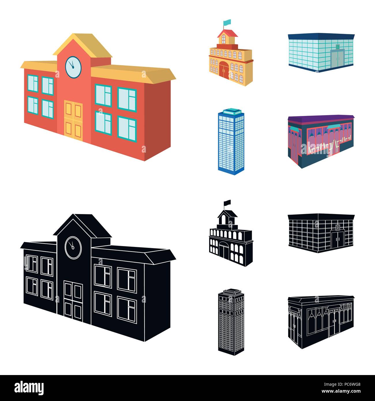 Bank office, Wolkenkratzer, Rathaus Gebäude, Hochschule Gebäude. Architektur und Struktur Sammlung Icons im Cartoon, schwarze Art Vektor Symbol s Stock Vektor