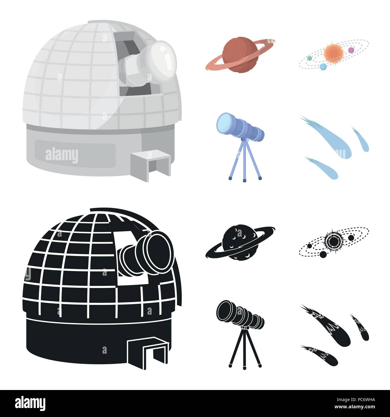 Observatorium mit einem Radioteleskop, Mars, Solaranlage mit Umlaufbahnen von Planeten, Teleskop auf einem Stativ. Raum Sammlung Icons im Cartoon, schwarz S Stock Vektor Observatorium mit einem Radioteleskop, Mars, Solaranlage mit Umlaufbahnen von Planeten, Teleskop auf einem Stativ. Raum Sammlung Icons im Cartoon, schwarz S Stock Vektor