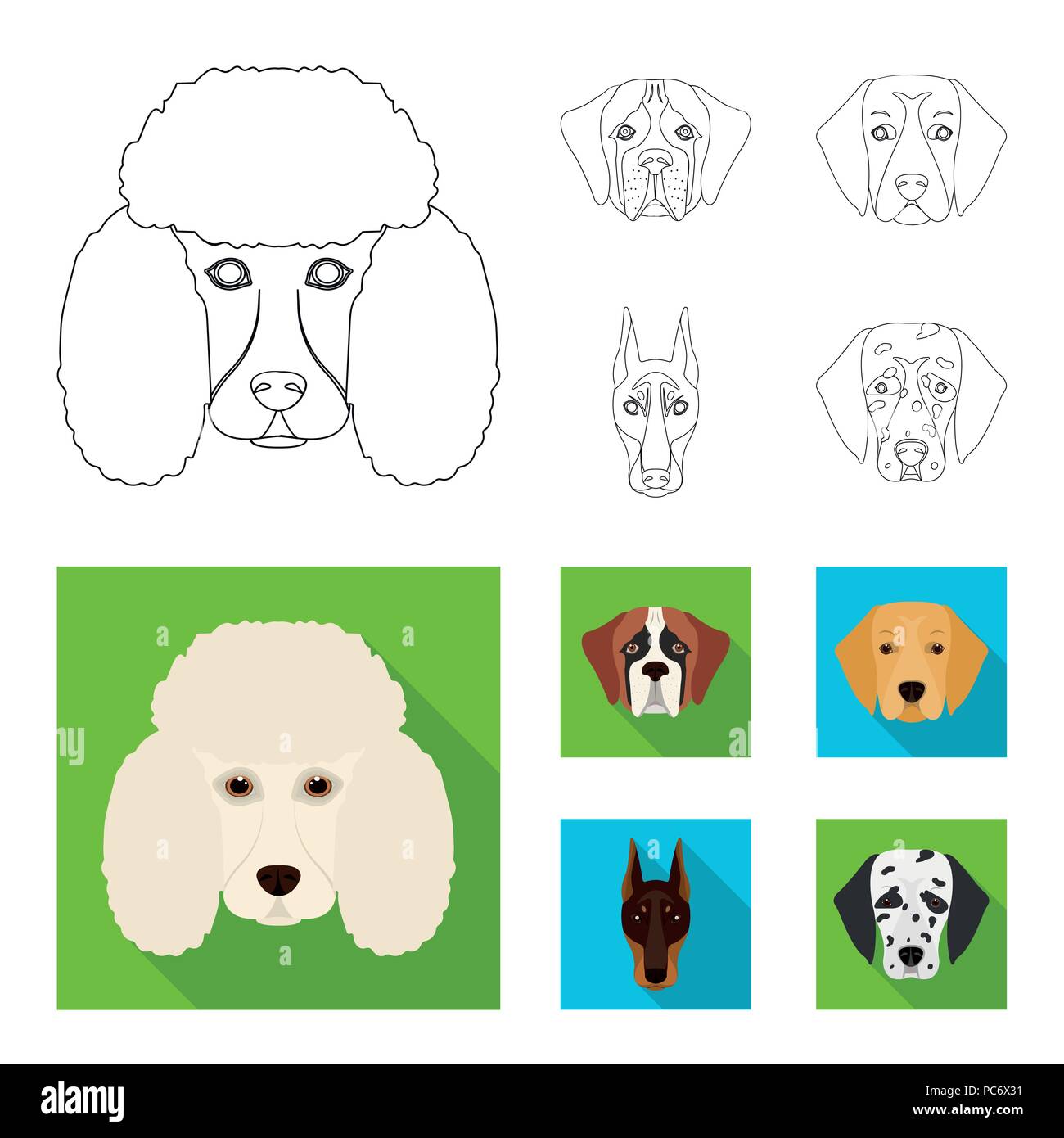 Niedliche hunde maulkorb aufkleber set doodle farbe lustige welpengesichter  hundeköpfe verschiedene beliebte hunderassen