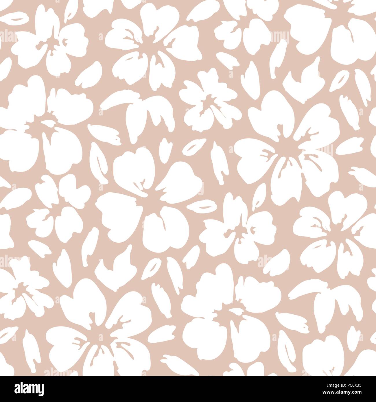 Fett Grafik großen floralen Vektor nahtlose Muster. Einfache weiße Hand Blumen auf rosa Hintergrund gezeichnet. Monochrome Blüten und Blätter drucken. Stock Vektor