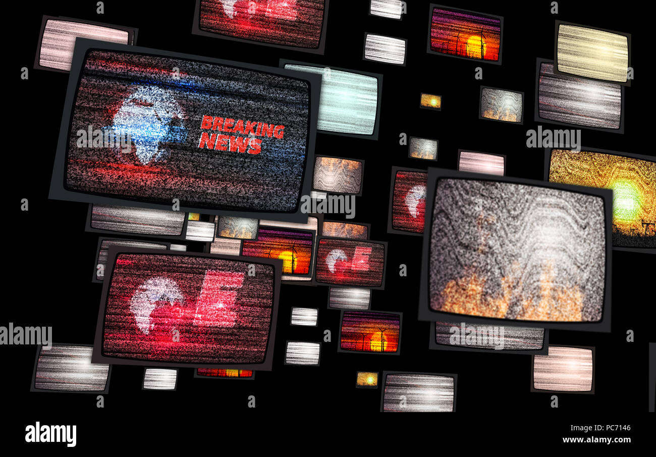 Lärm auf alten Fernseher. Flug zwischen Bildschirmen mit Schnee und kein Signal. Das Fernsehen zeigt in abstrakte Konzept und Angst Atmosphäre. Stockfoto