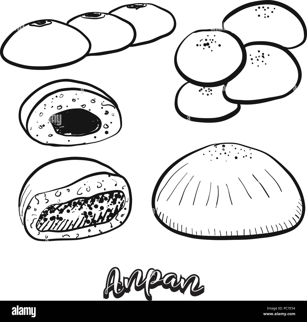 Hand gezeichnete Skizze von Anpan essen. Vektor Zeichnung von süßen Brötchen essen, in der Regel in Japan bekannt. Brot Abbildung Serie. Stock Vektor