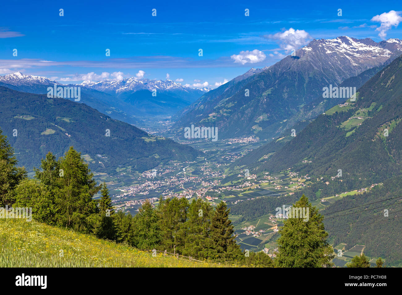 Blick in den Vinschgau vom Taser Höhenweg oberhalb von Schenna bei Meran, Südtirol Stockfoto