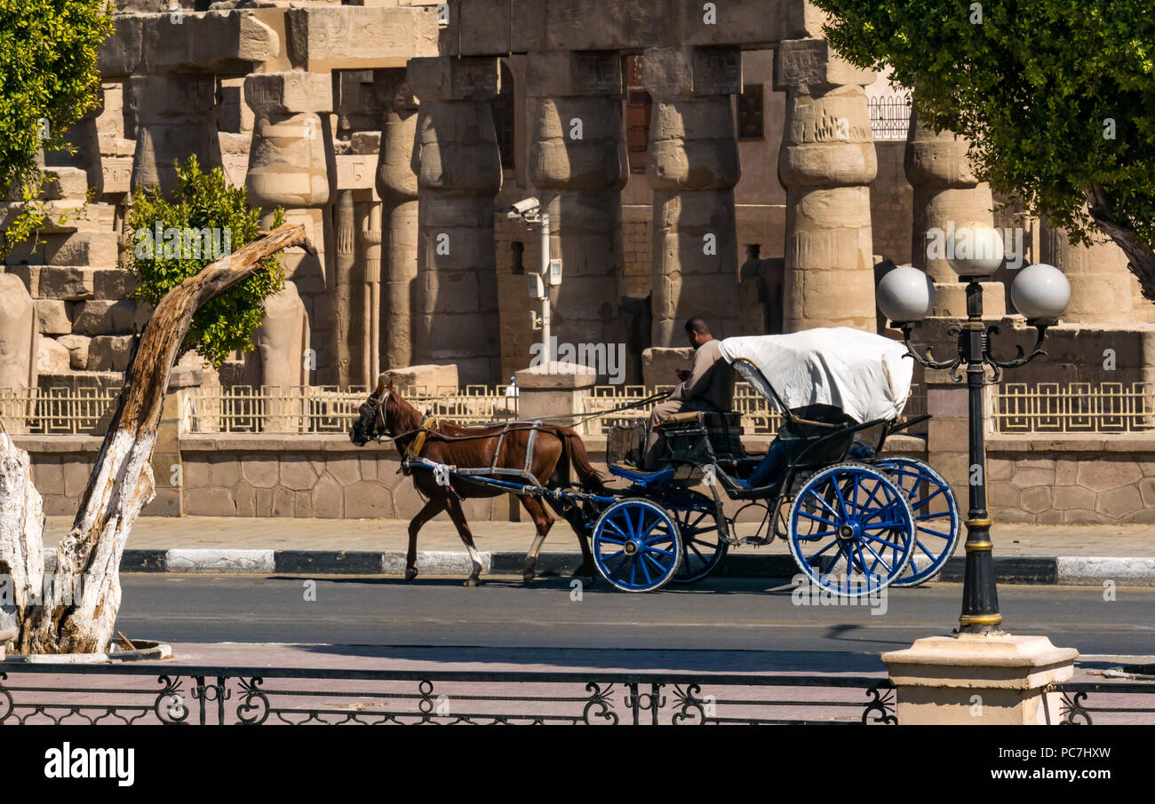 Pferdekutsche Tourist Transport vorbei vor der Tempel von Luxor, Luxor, Ägypten, Afrika Stockfoto