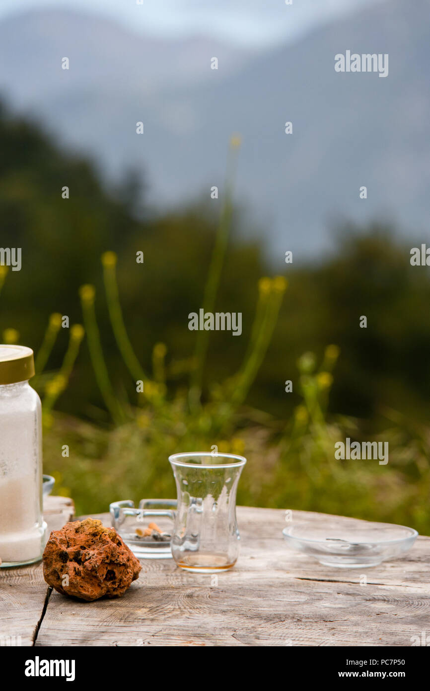 Eine leere Türkischen Tee Glas auf einem Baumstamm Tischplatte vor grüne Landschaft Vista anzeigen. Stockfoto