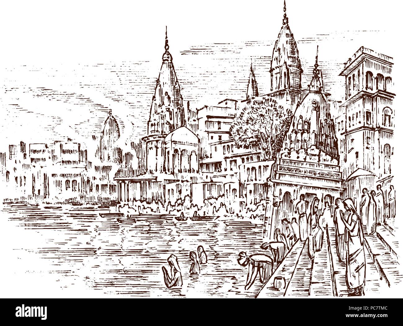 Historische Architektur mit Gebäuden, Perspektive betrachten. Landschaft in der Stadt Varanasi in Indien. Ganges graviert Hand in alte Skizze und Monochrom vintage Stil gezeichnet. Reisen Postkarte. Stock Vektor