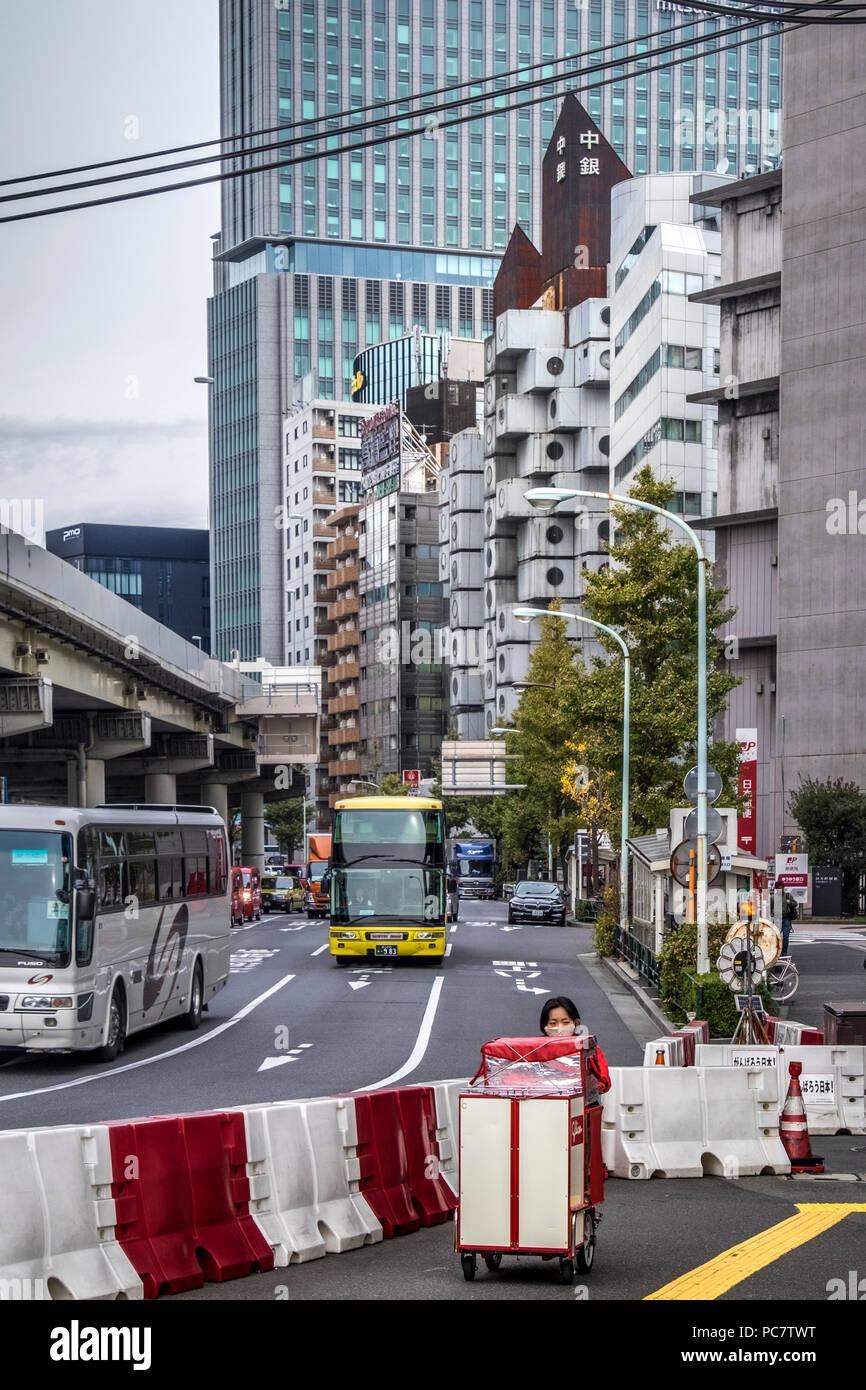 Nakagin Capsule Tower und konkrete Apartment Gebäude hinter der Hochbrücke Straße von Shuto Expressway in Shimbashi, Tokio, Japan. Die Nakagin Capsule Stockfoto