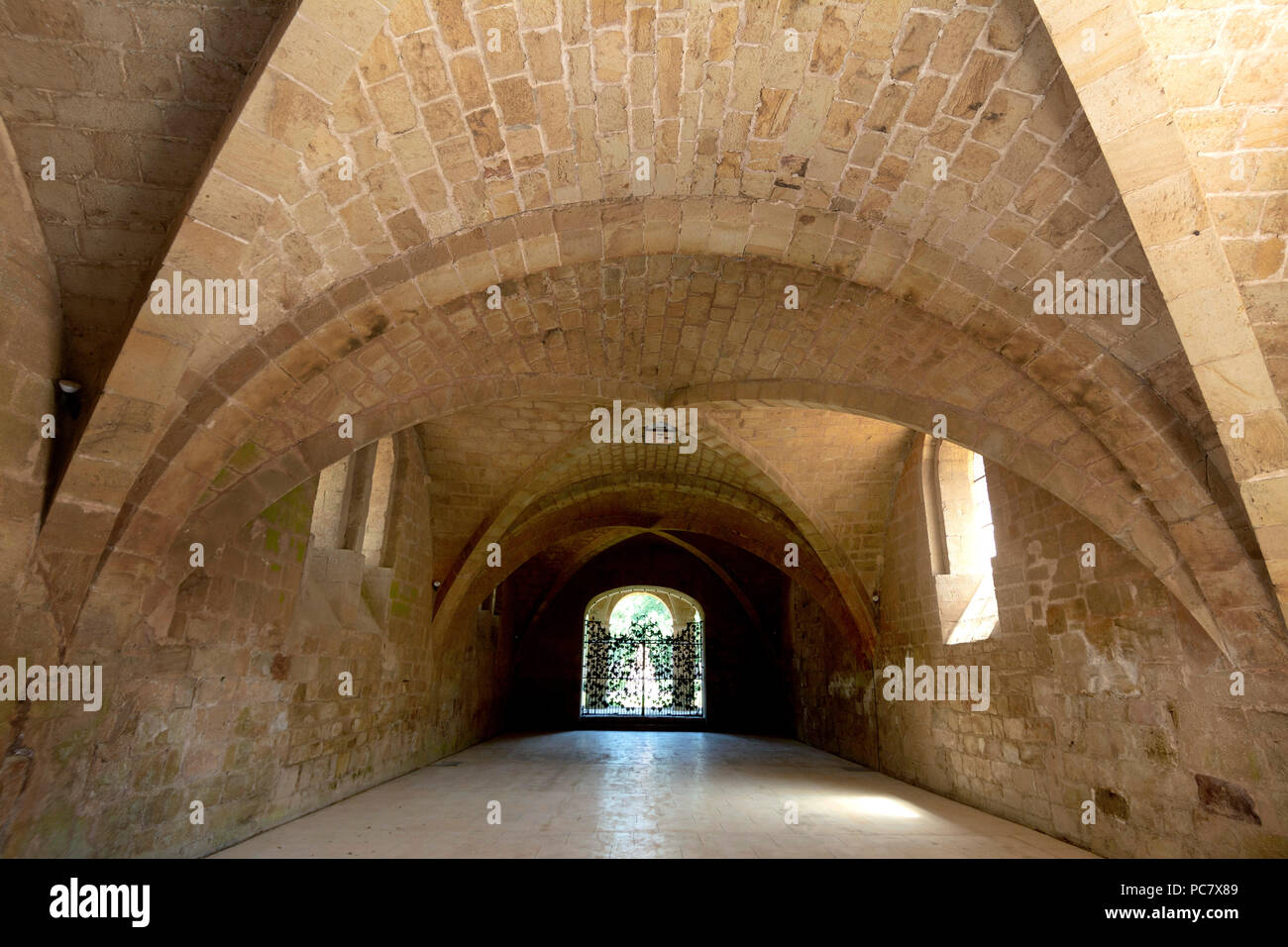 Das Refektorium der Abtei Sainte-Marie de Fontfroide oder Fontfroide Abbey in der Nähe von Narbonne, Aude, Royal, Frankreich, West Europa Stockfoto