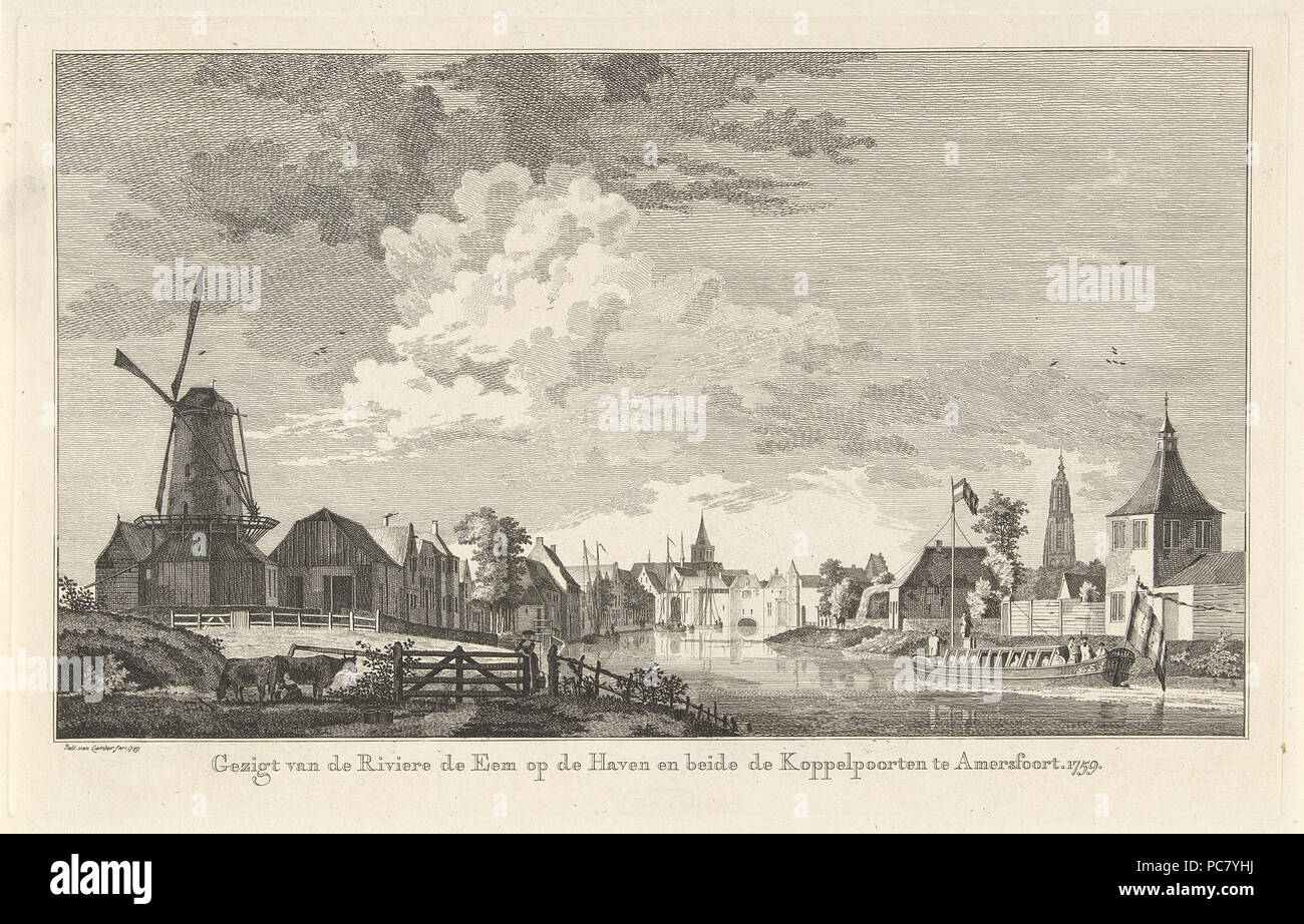 38 Gezigt van de Riviere de Eem op de Haven en beide de Koppelpoorten te Amersfoort, 1759, Paulus van Liender Stockfoto