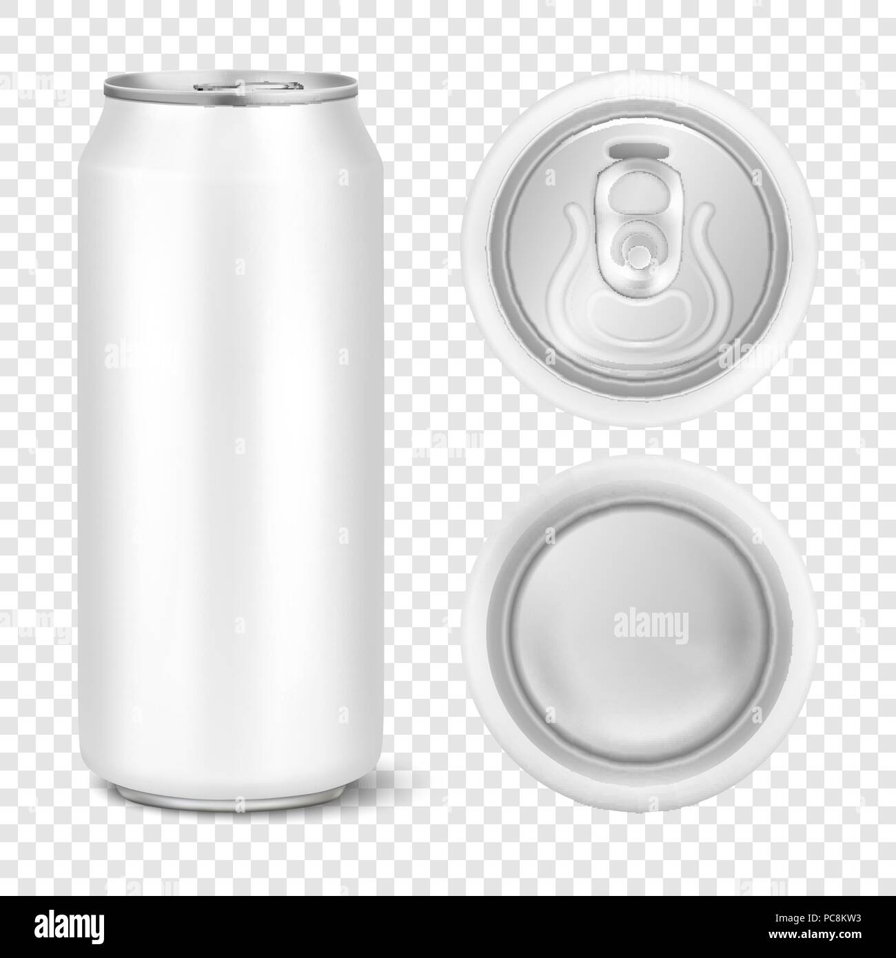 Vektor realistische 3d leer glänzende Metall Aluminium weiß Bier Pack oder können Visual 500 ml. Kann für Bier, Alkohol, Soft drink, Soda, fizzy Pop, Limonade, Cola, Energy Drinks, Säfte, Wasser usw. Symbol closeup auf Transparenz grid Hintergrund gesetzt. Design Vorlage der Verpackung Mockup für Grafiken. Vorne, Oben und Unten Stock Vektor