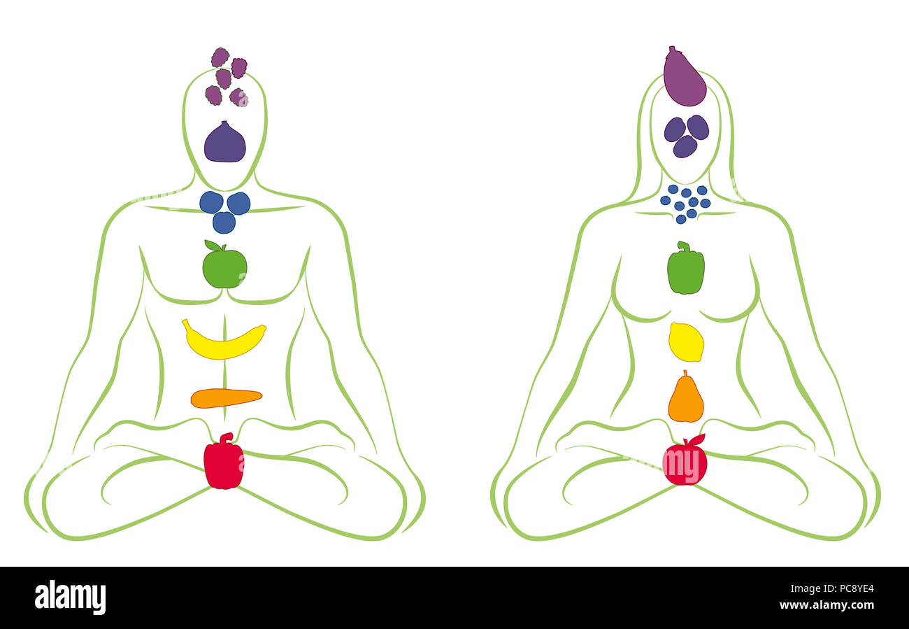 Vegetarische Liebe Paar. Meditiert man und frau mit Obst und Gemüse anstelle von Körper Chakren - Bild mit weißem Hintergrund. Stockfoto