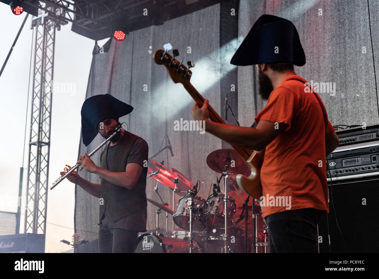 Bergamo, Italien - 29. Juli 2018: Die italienischen Folk Rocker band KALEVALA HMS führt an 6 Folk und Metal Fest von Malpaga (BG). Brambilla Simone Live Stockfoto