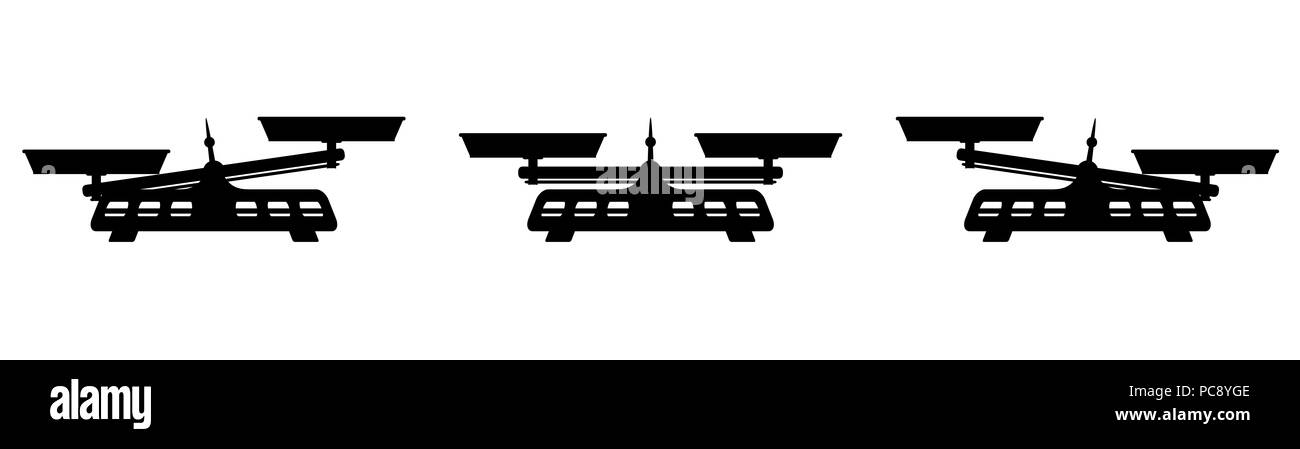 Waage Symbol mit zwei perfekt ausgewogenen Pfannen und ein Zeiger in der Mitte. Abbildung schwarz auf weißem Hintergrund. Stockfoto