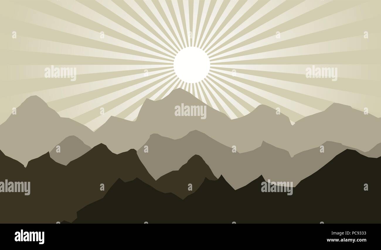 Sunrise Sunburst Hügel- und Berglandschaft Abbildung Stock Vektor