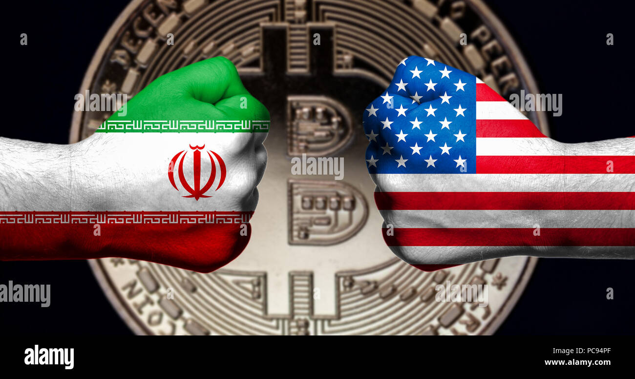 Flaggen Der Usa Und Iran Malte Auf Zwei Geballte Fauste Nach - 