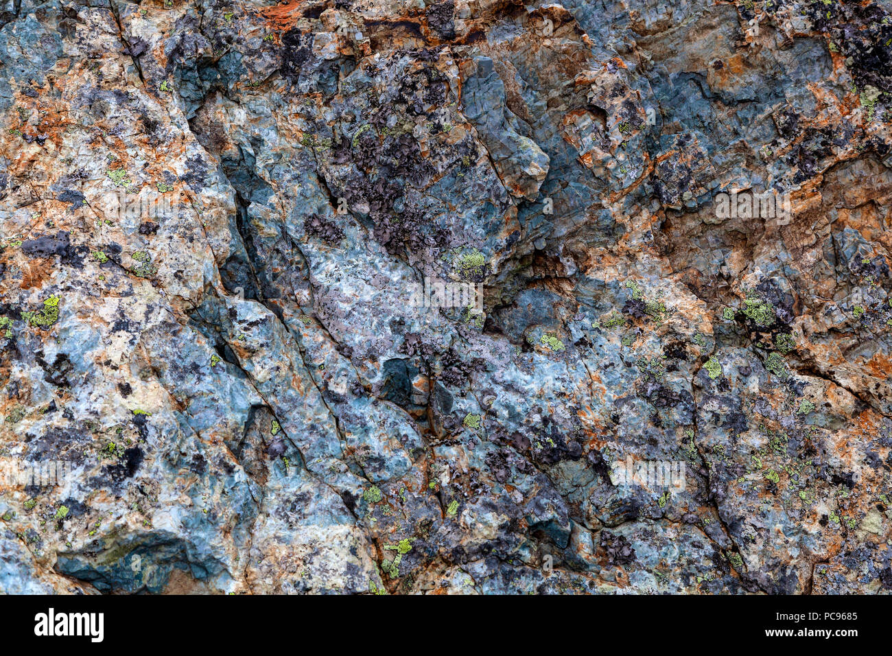 In der Nähe von Grau Steine Felsen bedeckt mit Moos. Berge bedeckt mit einem Muster von Chips, Risse, Vegetation und Moss Stockfoto