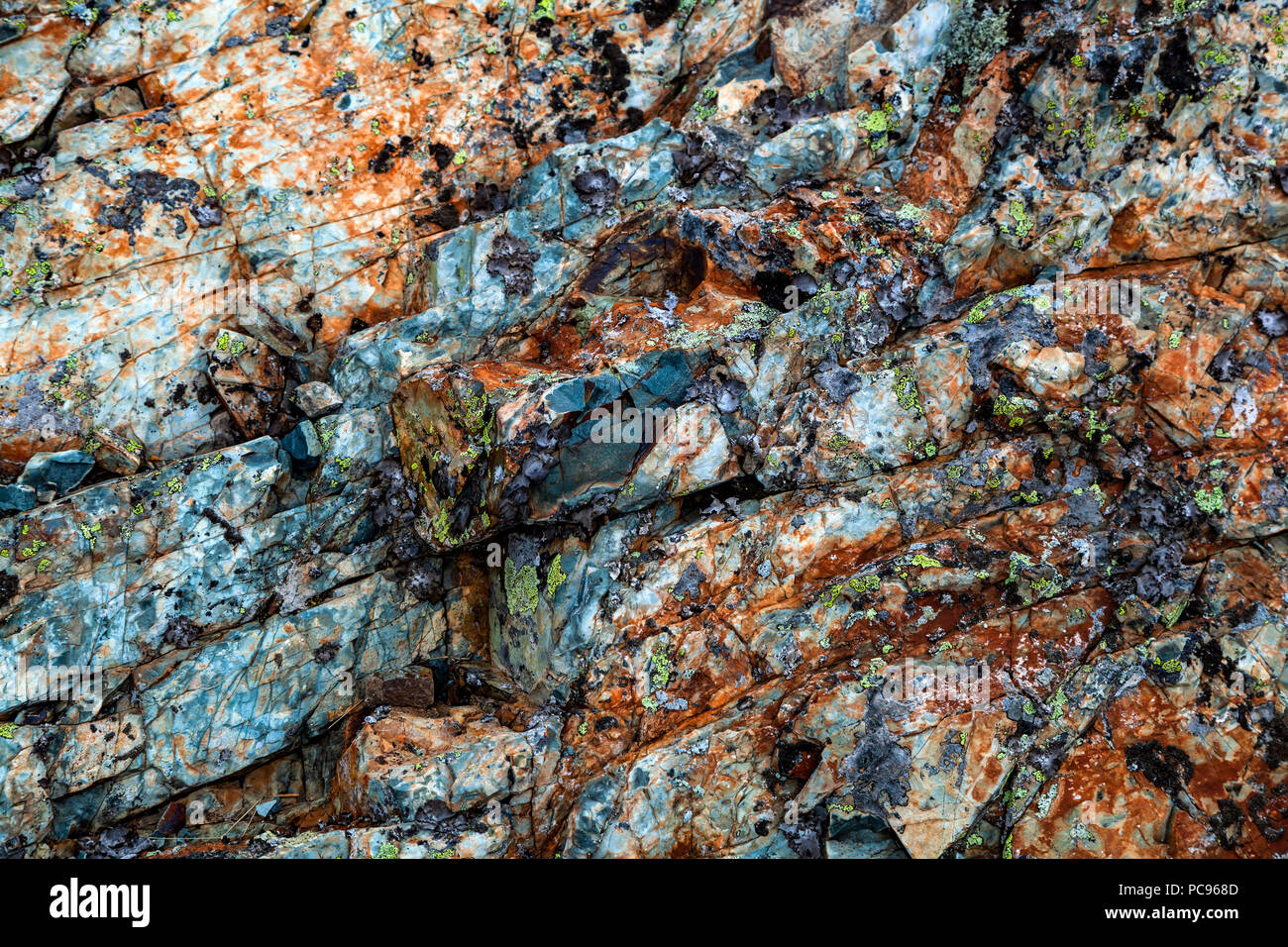 In der Nähe von Grau Steine Felsen bedeckt mit Moos. Berge bedeckt mit einem Muster von Chips, Risse, Vegetation und Moss Stockfoto