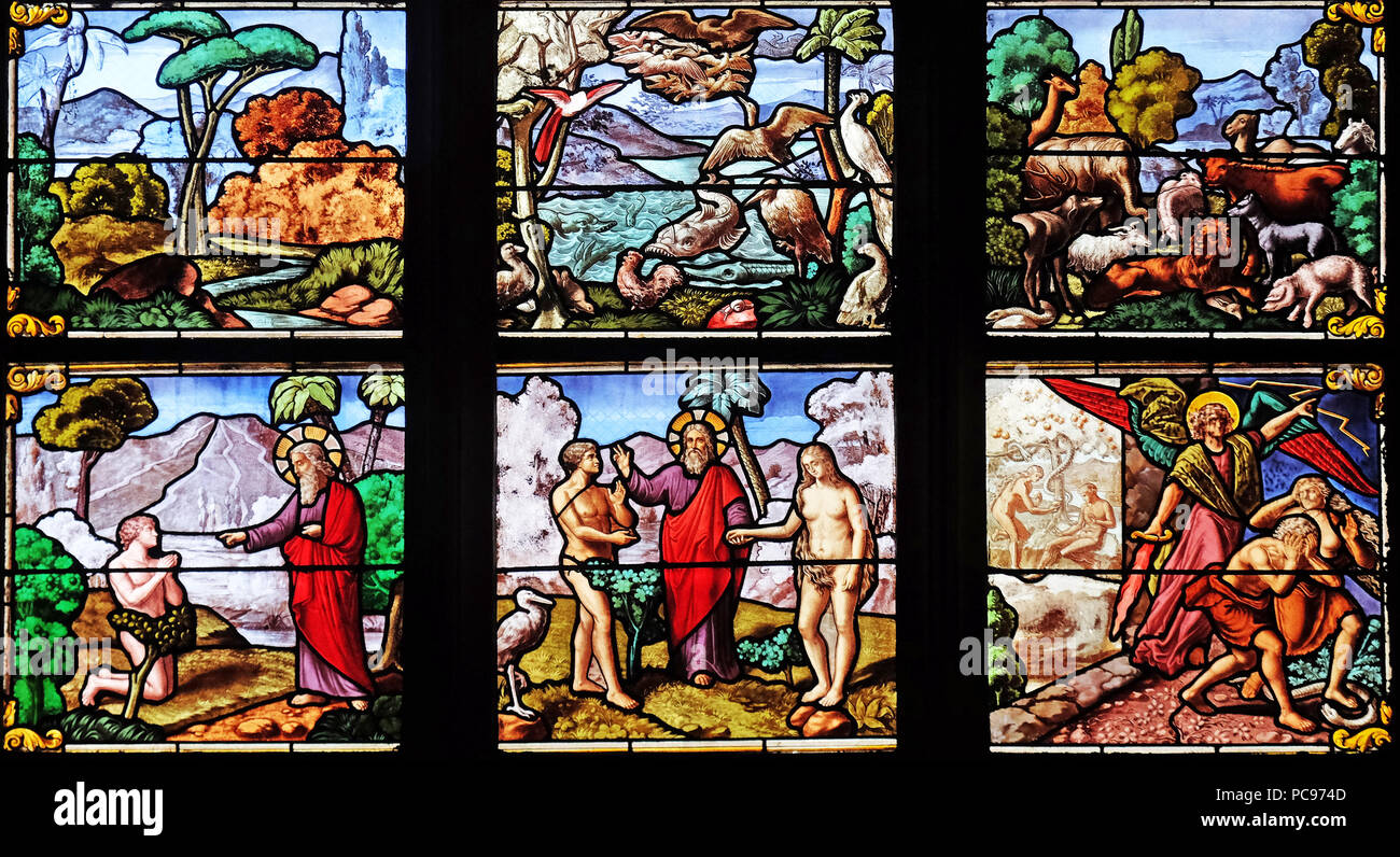 Garten Eden, Glasfenster in der Kirche von Saint Leu Saint Gilles in Paris, Frankreich Stockfoto
