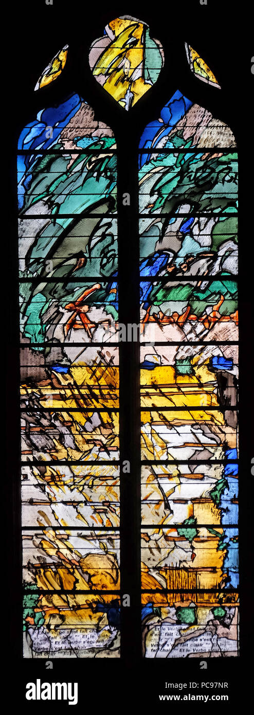 Die Krippe, Glasfenster in der Saint Gervais und Sankt Protais Kirche, Paris, Frankreich Stockfoto