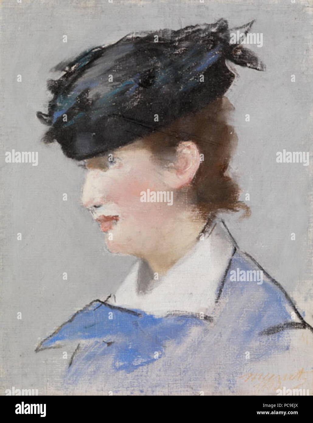 35.311 Zeichnungen pastell Porträt einer Dame Manet, Edouard (1832-1883, Französisch) ca. 1882-1883 Pastell auf grundierte Leinwand Französisch gesamt: 254 mm x 203 mm Pastell auf Leinwand mit dem Titel "Portrait de Dame', Kopf der Dame Links Suchen, trägt einen schwarzen Hut, von Edouard Manet, c 1882-3. Mit der Aufschrift "310" auf Rahmen. 664 Édouard Manet - Porträt de Dame Stockfoto