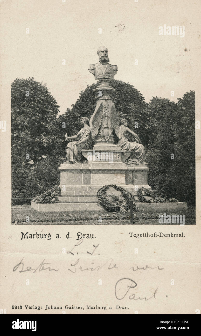 74 Postkarte von Wilhelm von Tegetthoff Denkmal in Maribor 1908 Stockfoto