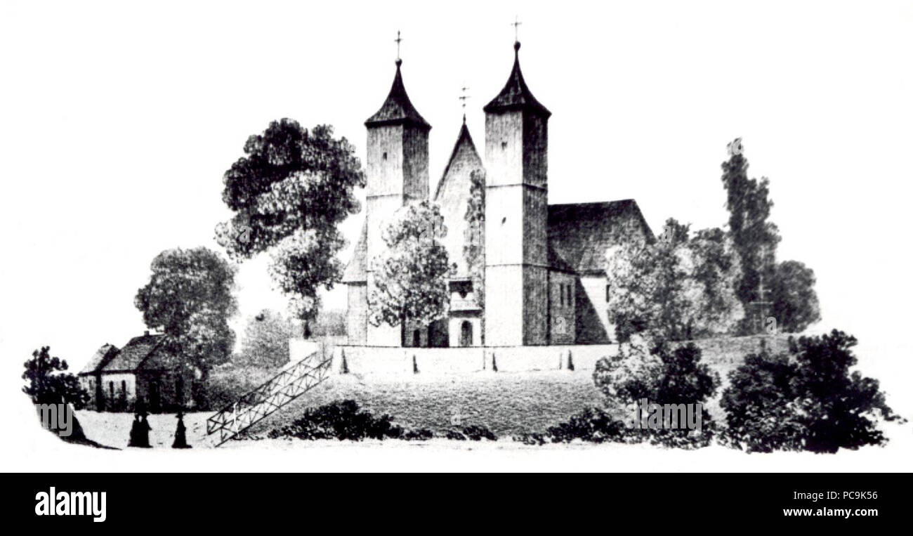 20 Kirche des Hl. Nikolaus in Truskolasy im 19. Jahrhundert. Stockfoto