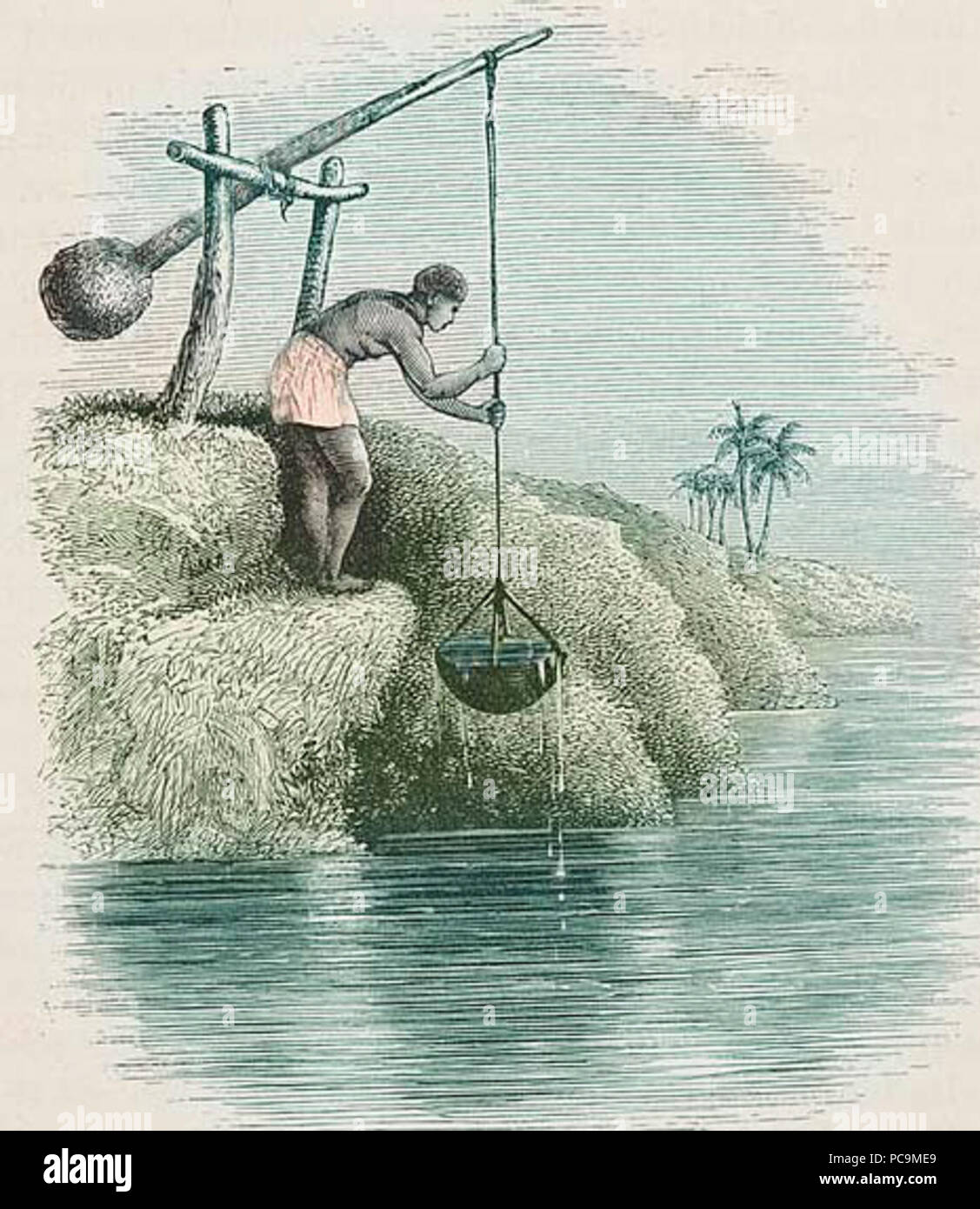 8 Chadouf égyptien, dessin de Voyageur de 1890. Stockfoto