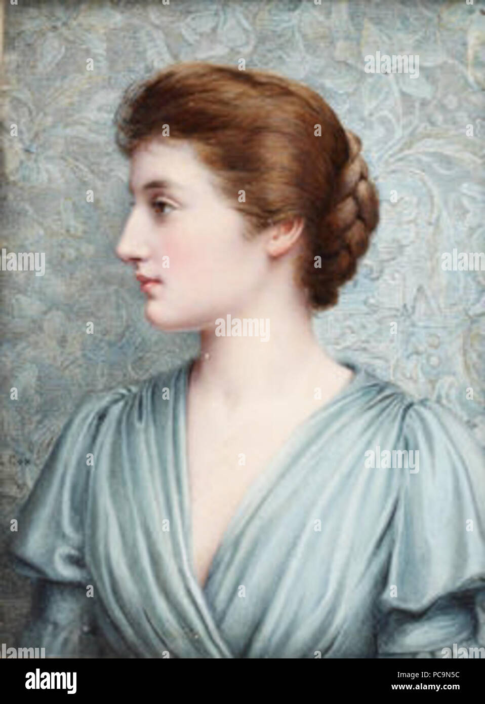 379 Louise Howland König Cox, eine Dame, im Profil nach links vor einer "Kunst und Handwerk" Hintergrund, Schätzung 1892 oder vor Stockfoto
