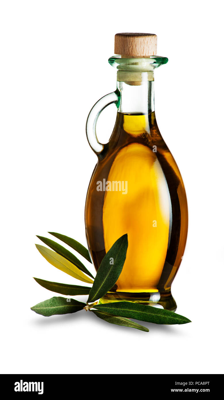 Olivenöl mit Olive Branch isoliert auf weißem Stockfoto