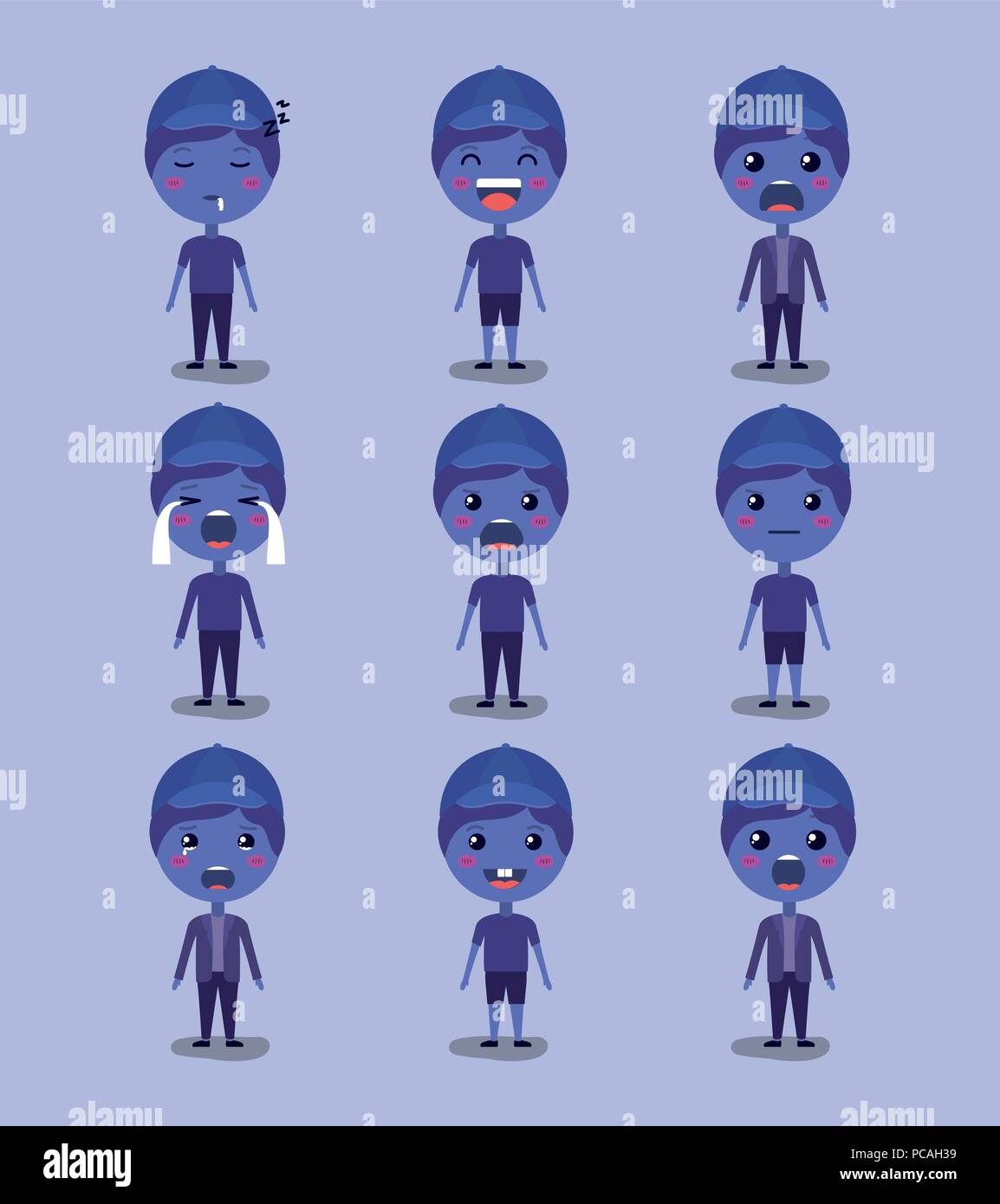 Kleine blaue Jungs emoticon Set kawaii Zeichen Stock Vektor