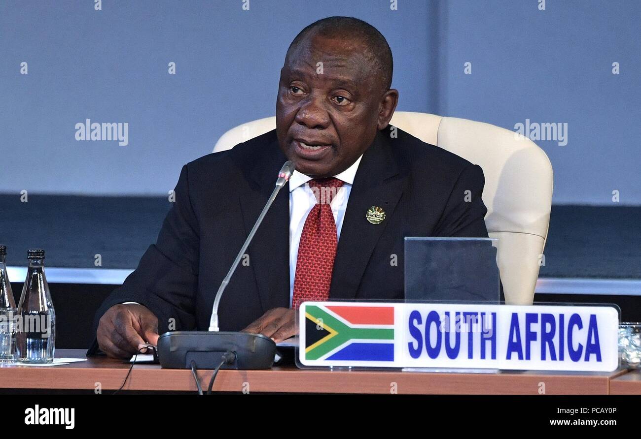 Der südafrikanische Präsident Cyril Ramaphosa während eines erweiterten Format Konferenz am zweiten Tag der BRICS-Gipfel zum 27. Juli 2018 in Johannesburg, Südafrika. Stockfoto